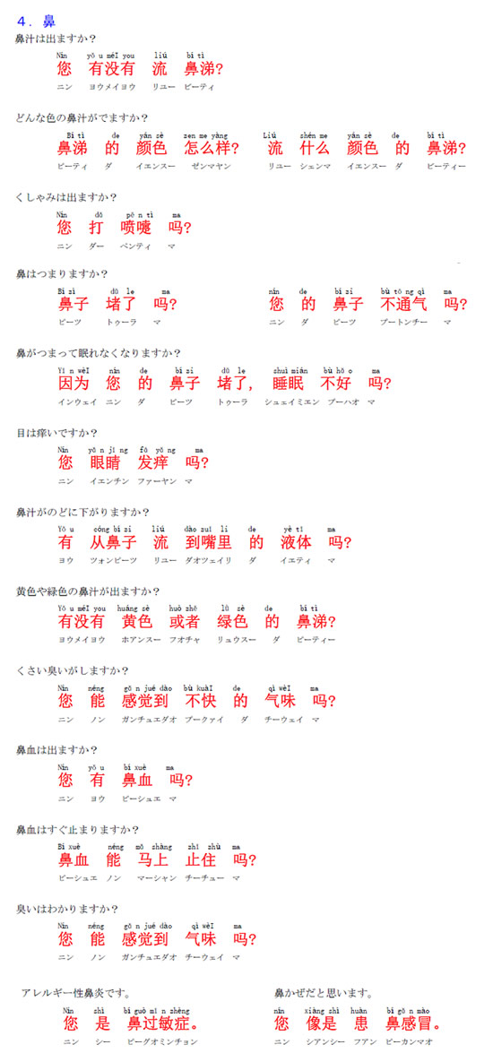 中国語　鼻の症状と病気